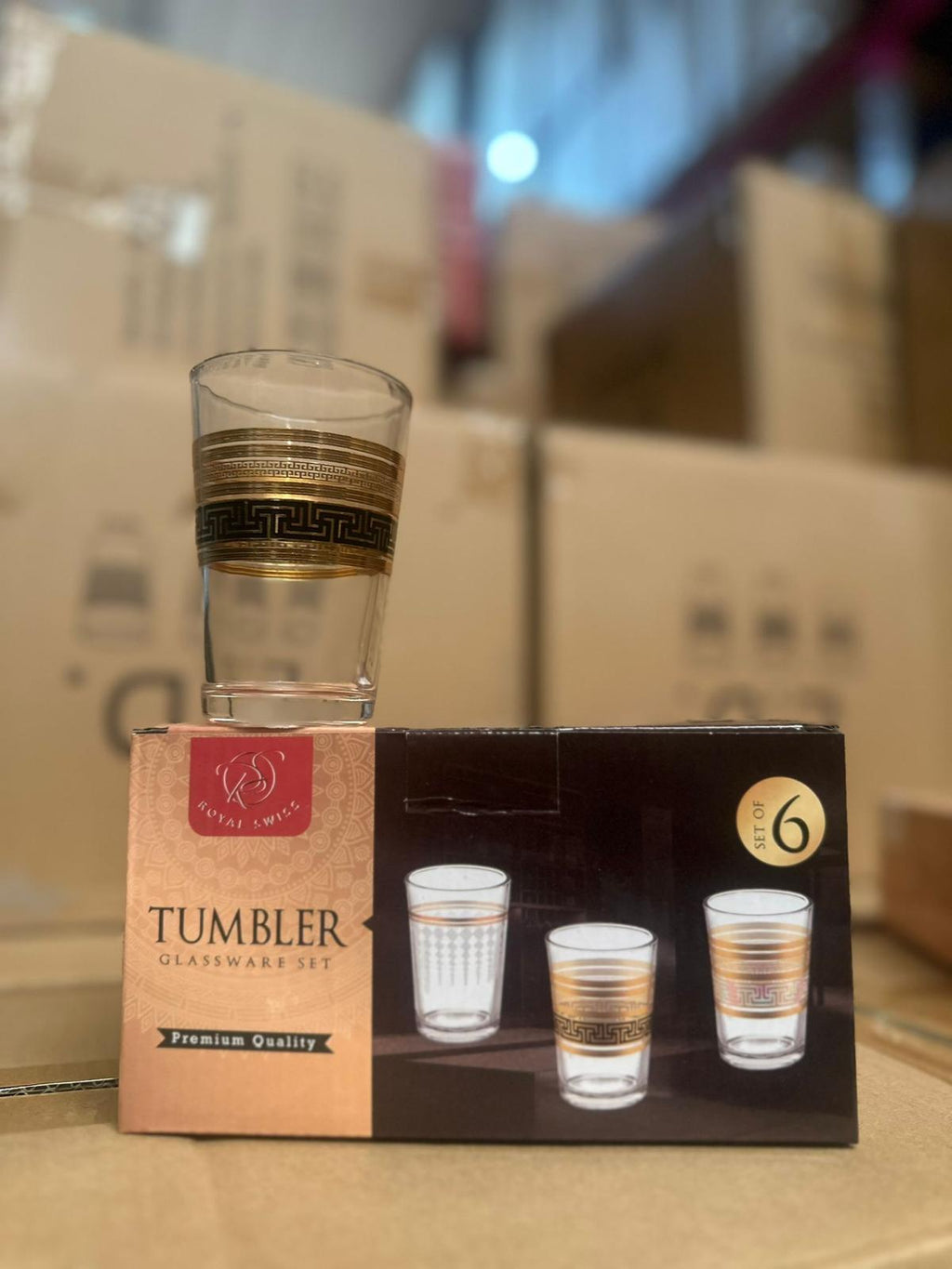 Set 6 Bicchieri Tumbler Royal Swiss in Vetro con Decoro Oro Greco