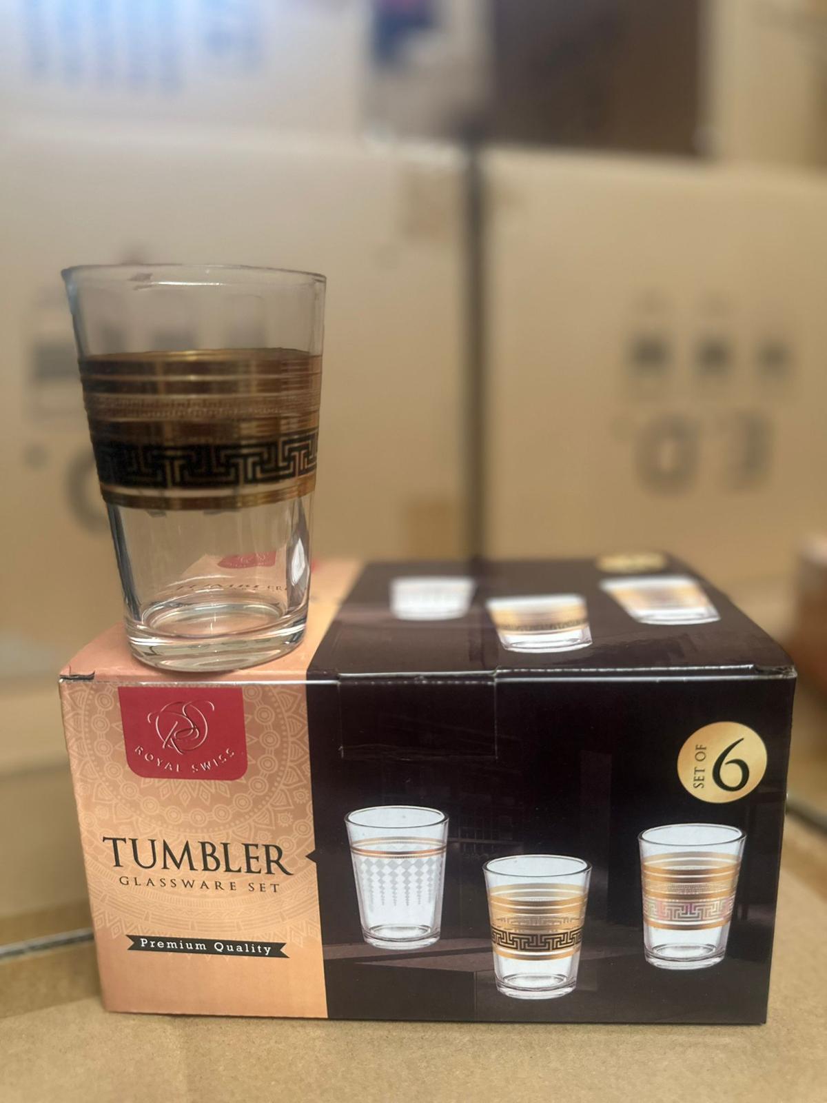 Set 6 Bicchieri Tumbler Royal Swiss in Vetro con Decoro Oro Greco