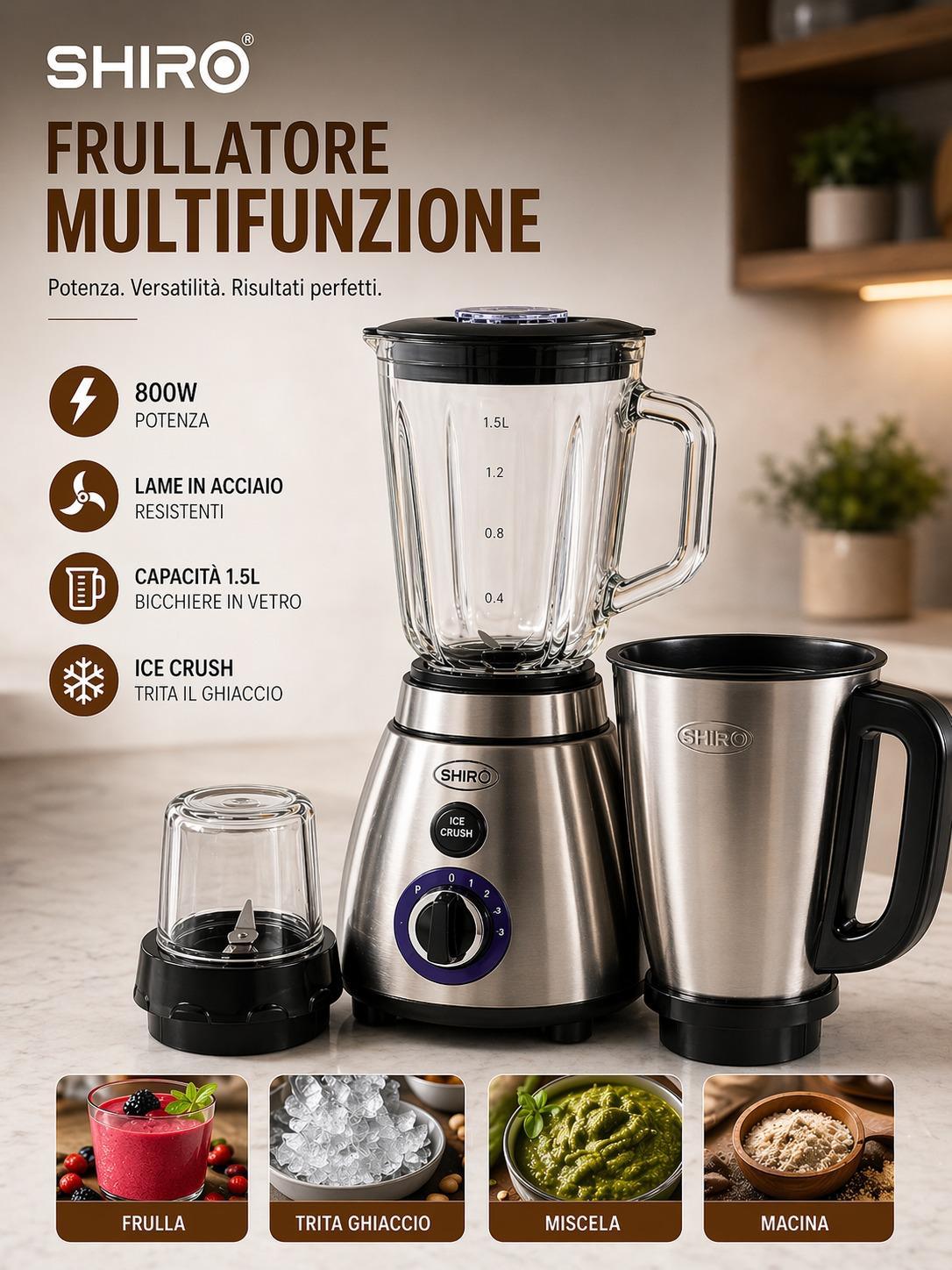 Frullatore Multifunzione Shiro 800W con Bicchiere in Vetro e Tritaghiaccio