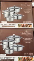 Swiss Haus SH-NC1009 9Pcs Stock Pot Set Montreux Collection è una batteria da cucina in acciaio inossidabile composta da pentole di varie dimensioni complete di coperchi e un accessorio per la cottura a vapore.
