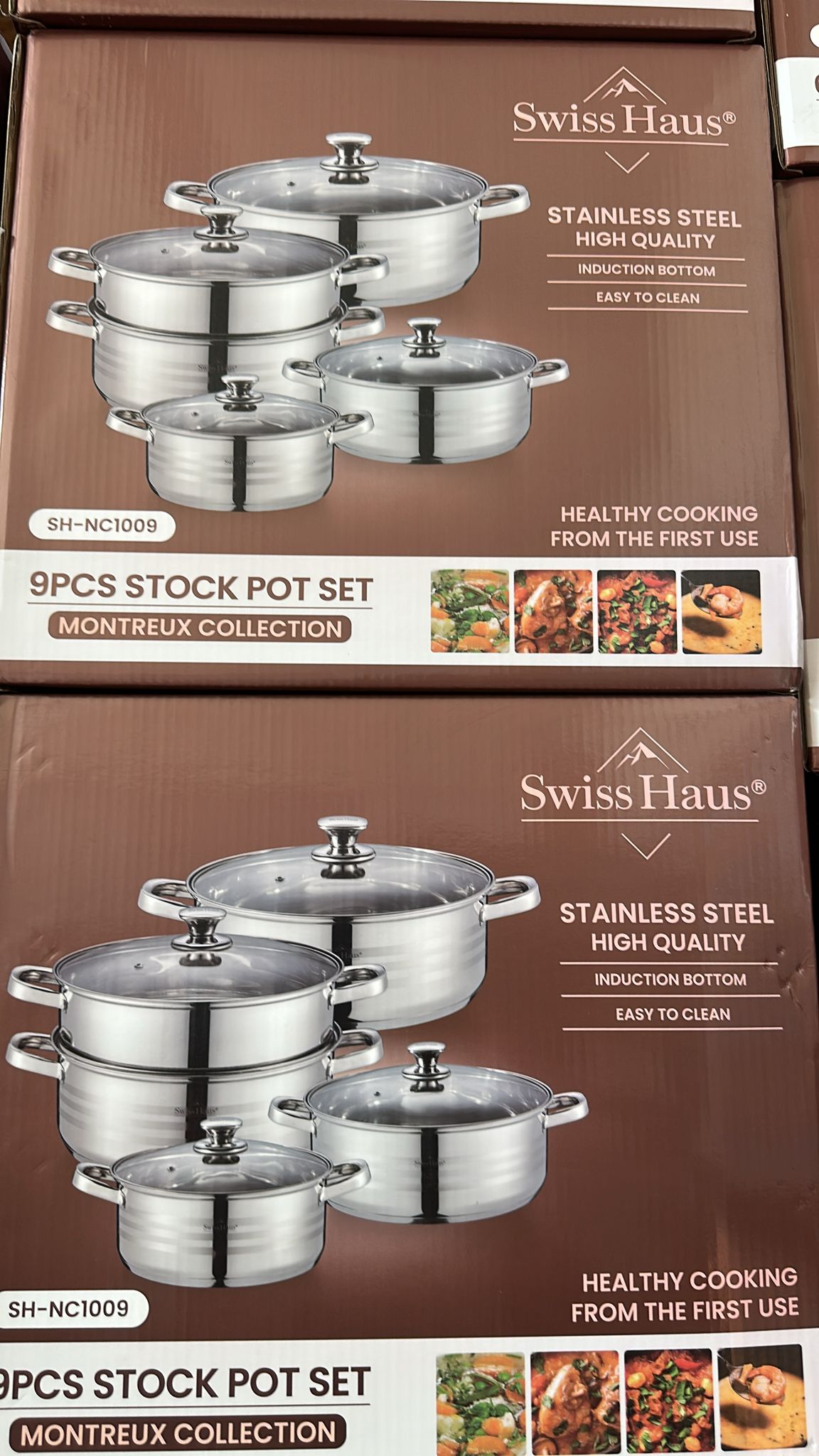 Swiss Haus SH-NC1009 9Pcs Stock Pot Set Montreux Collection è una batteria da cucina in acciaio inossidabile composta da pentole di varie dimensioni complete di coperchi e un accessorio per la cottura a vapore.